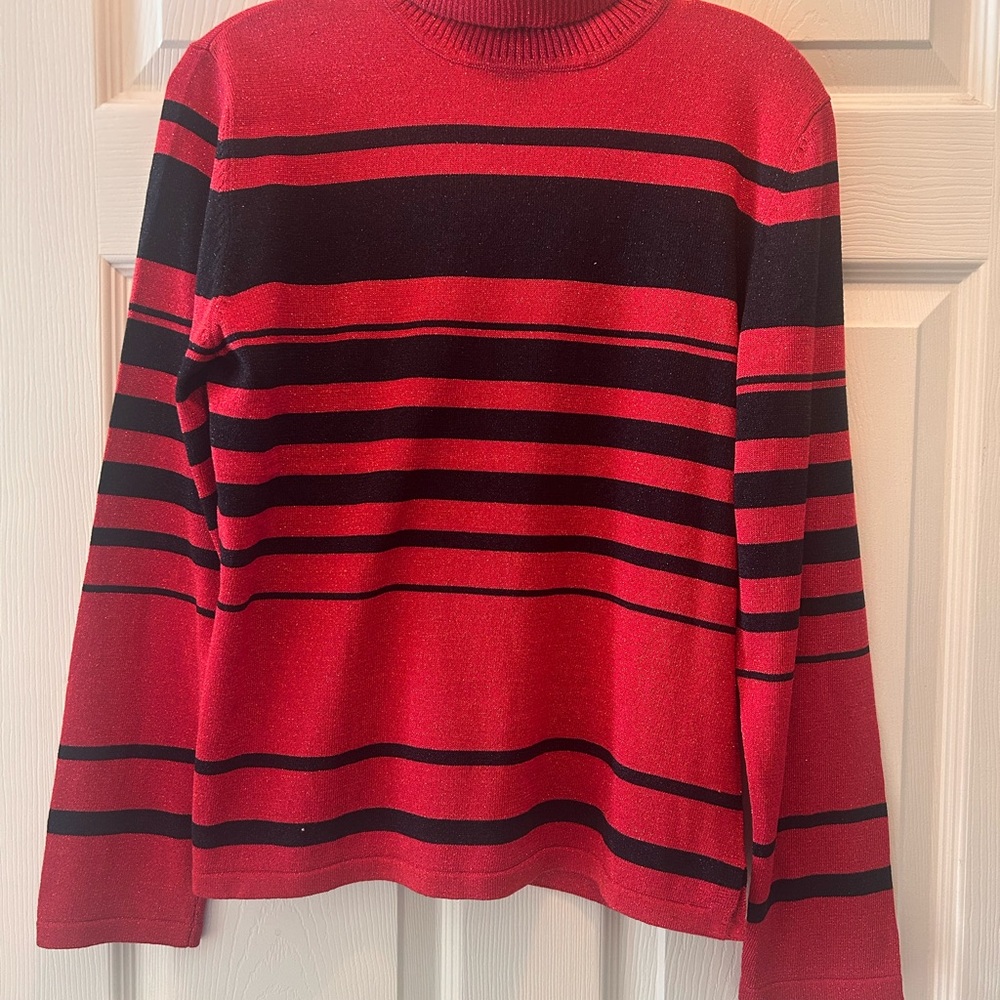 Rafaella Vibrant Red and Black Turtleneck Sweater with red sparkles.